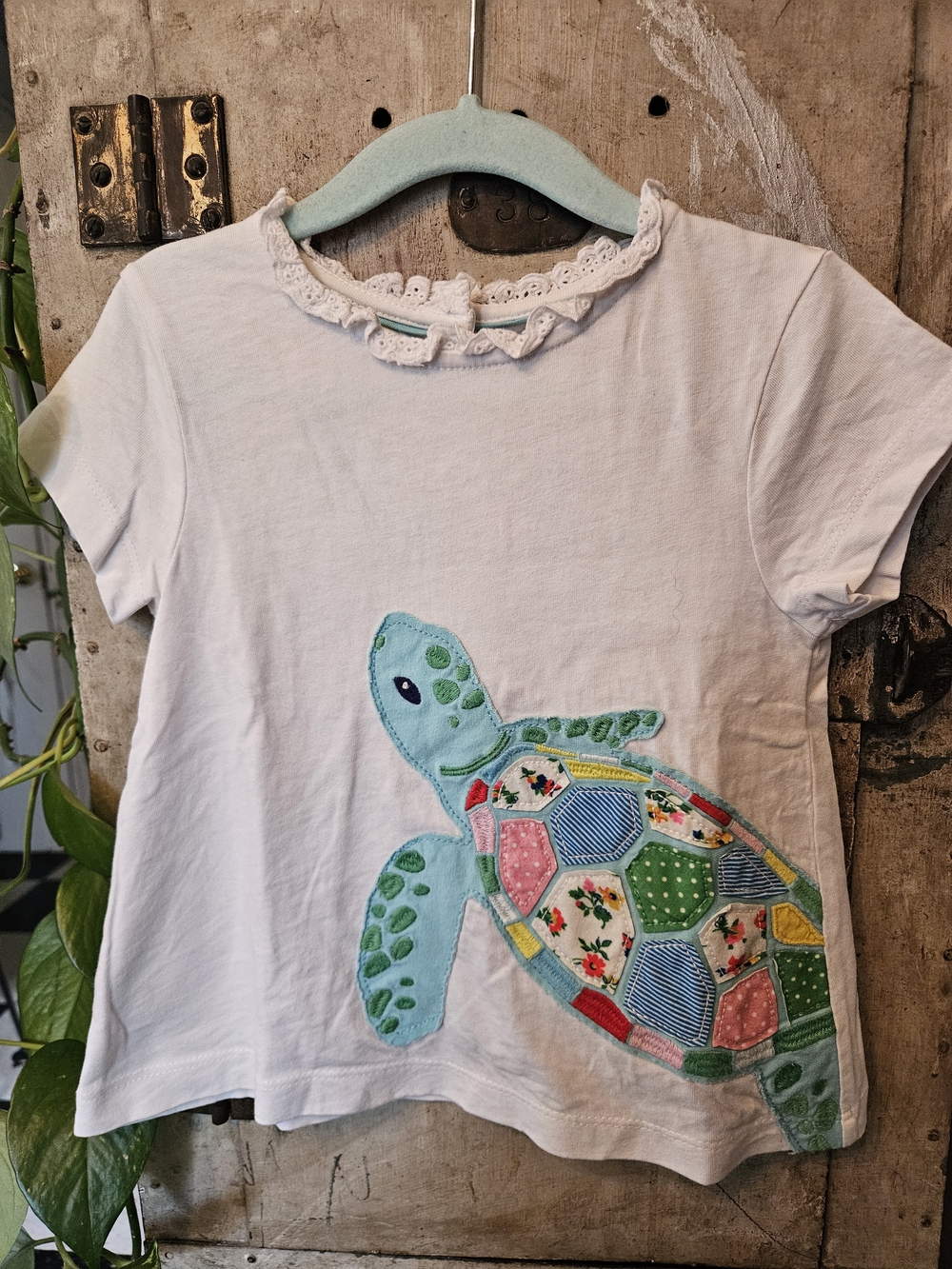 Baby Boden White Tee with Patchwork Turtle Applique